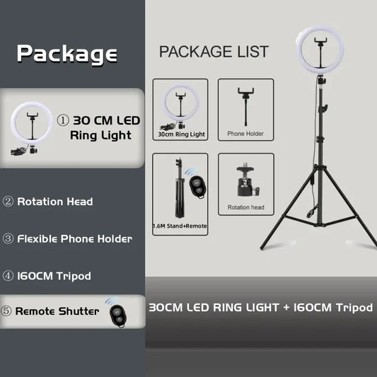 10in/12in LED selfie ring light med 10 ljusstyrkenivåer och tre färger. Perfekt för YouTube, TikTok, makeup och fotografering. Justerbart stativ och USB-laddning – enkel att använda!