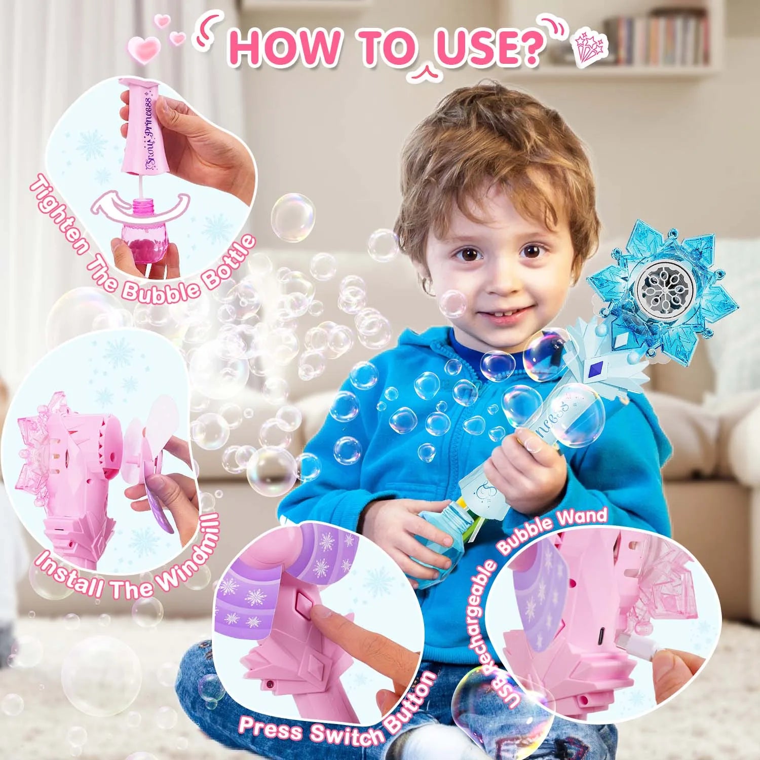 2 pieces Recharge Bubble Wand for Kids LED Bubble Blower